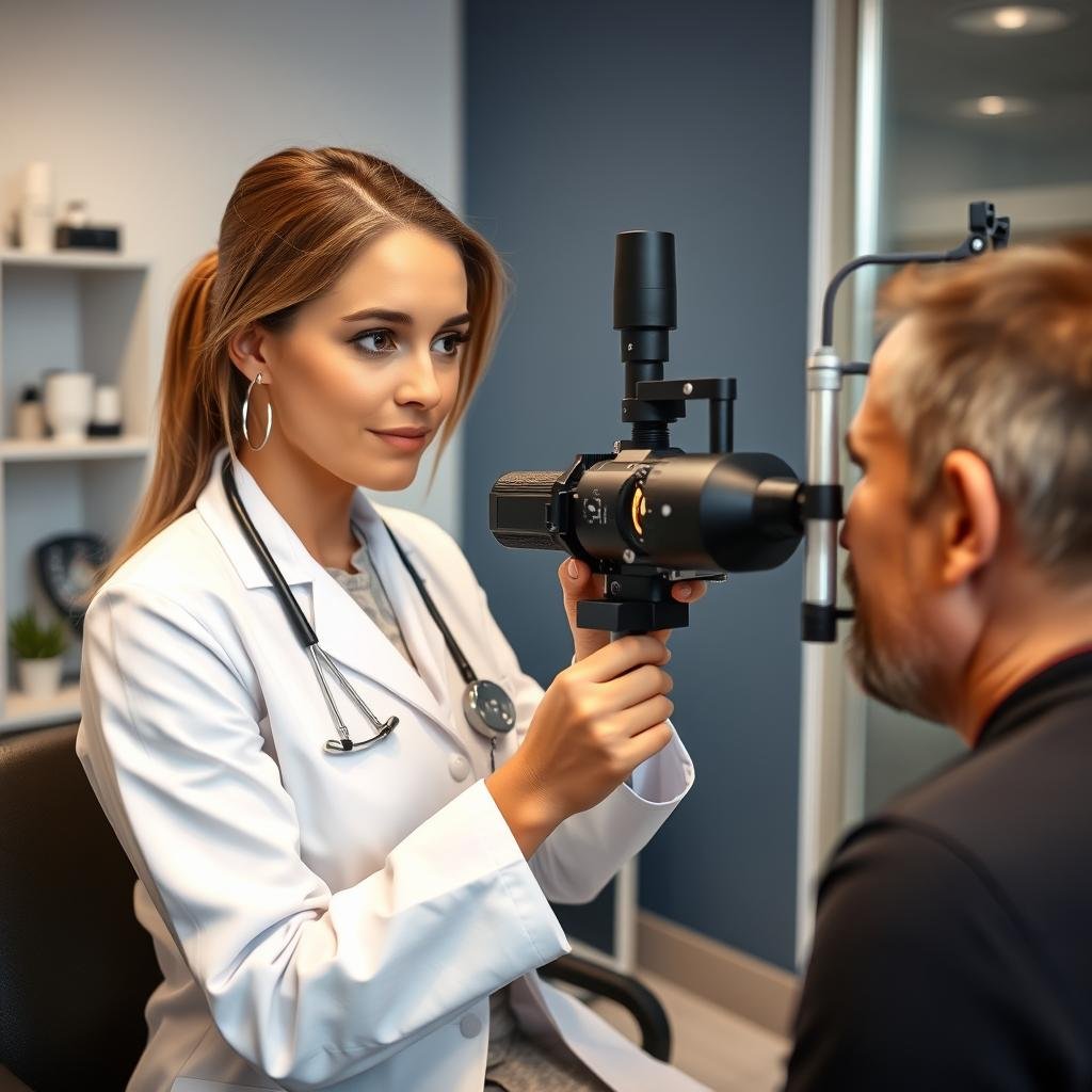 Dr. Martínez utilizando una Cámara de Iridología en su clínica