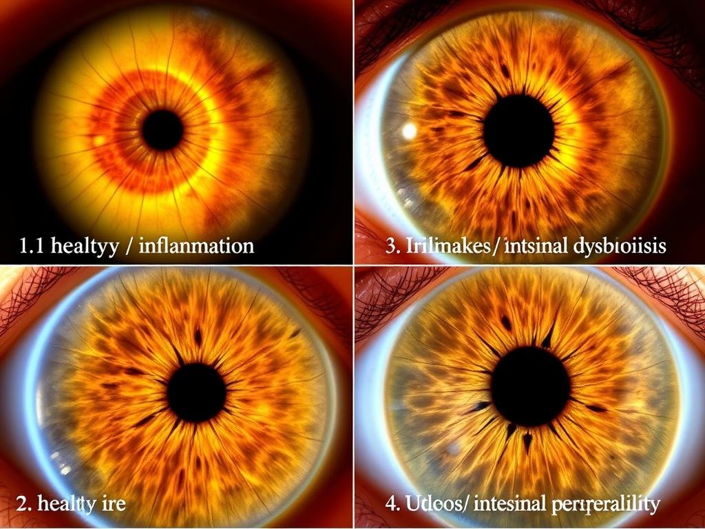 Ejemplos de iris que muestran diferentes condiciones intestinales según la iridología