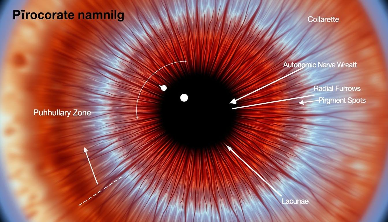 Elementos clave de un mapa de iridología profesional con anotaciones detalladas Elementos clave de un mapa de iridología profesional con anotaciones detalladas