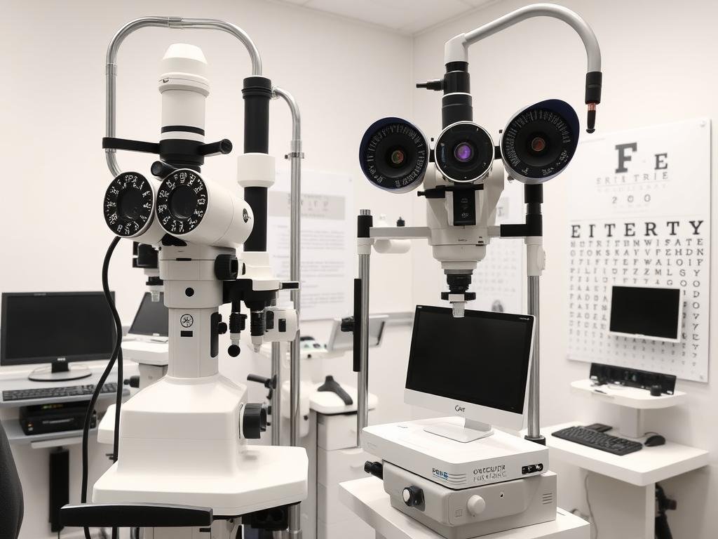 Equipamiento profesional utilizado por optometristas para exámenes visuales