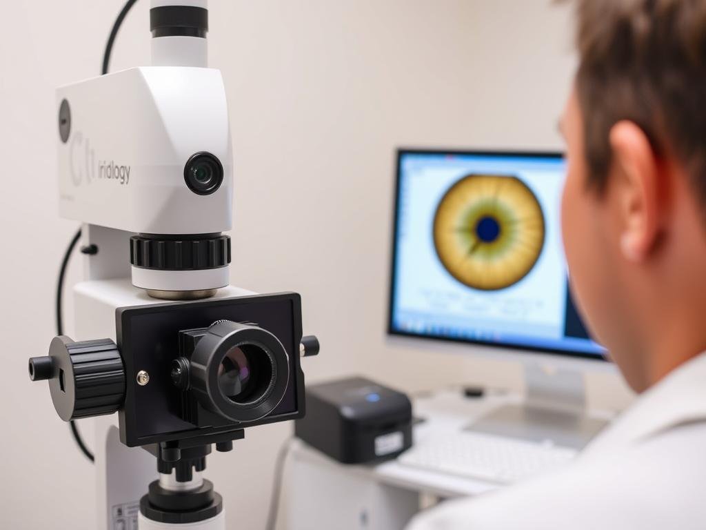 Equipo moderno de iridología digital con cámara especializada y software de análisis