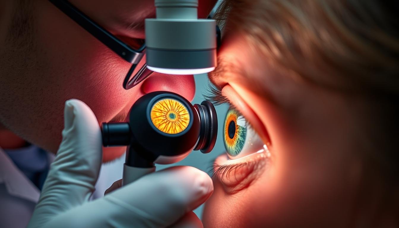 Especialista en iridología examinando el iris de un paciente con una lámpara especial