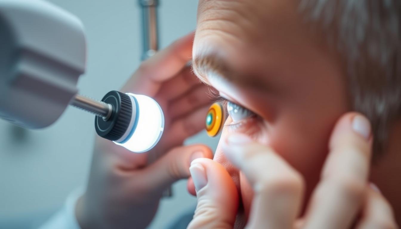 Especialista en iridología examinando el iris de un paciente con una lámpara especial