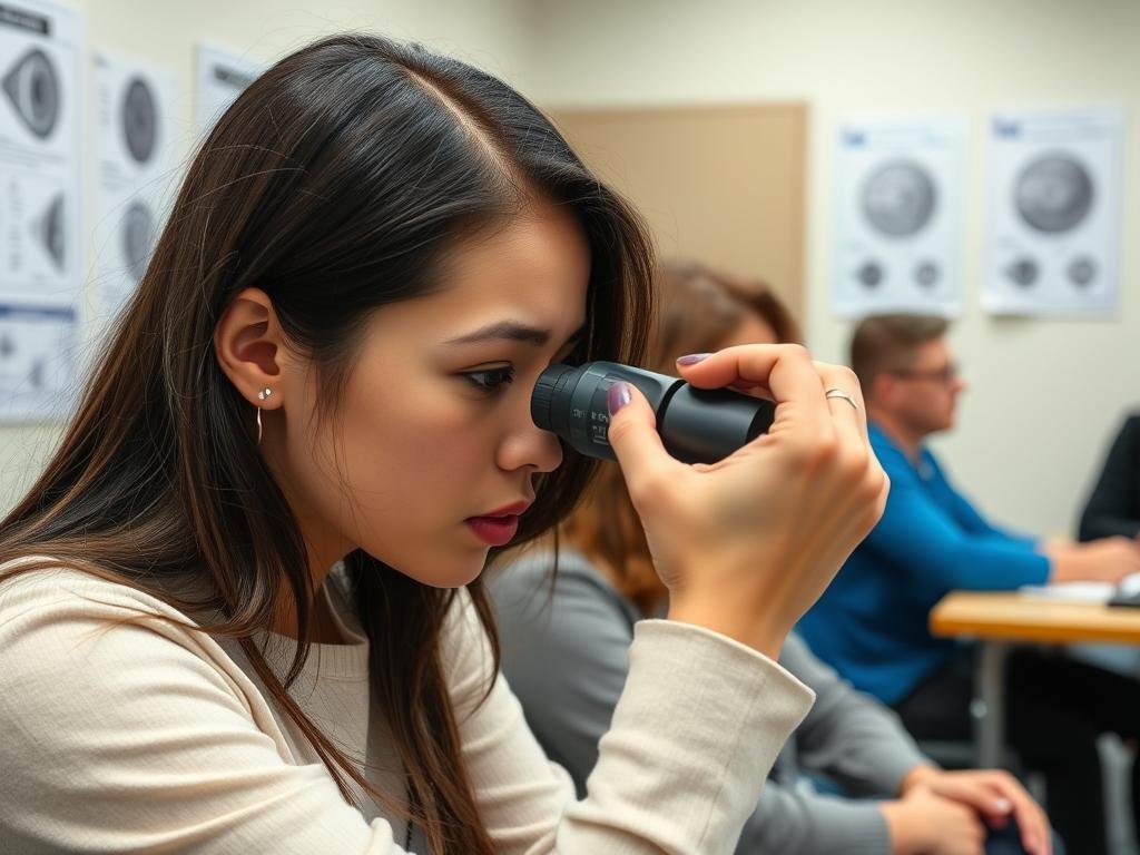 Estudiante de iriología practicando técnicas de observación del iris