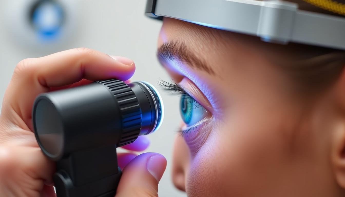 Examen de iridología mostrando un especialista analizando el iris de un paciente
