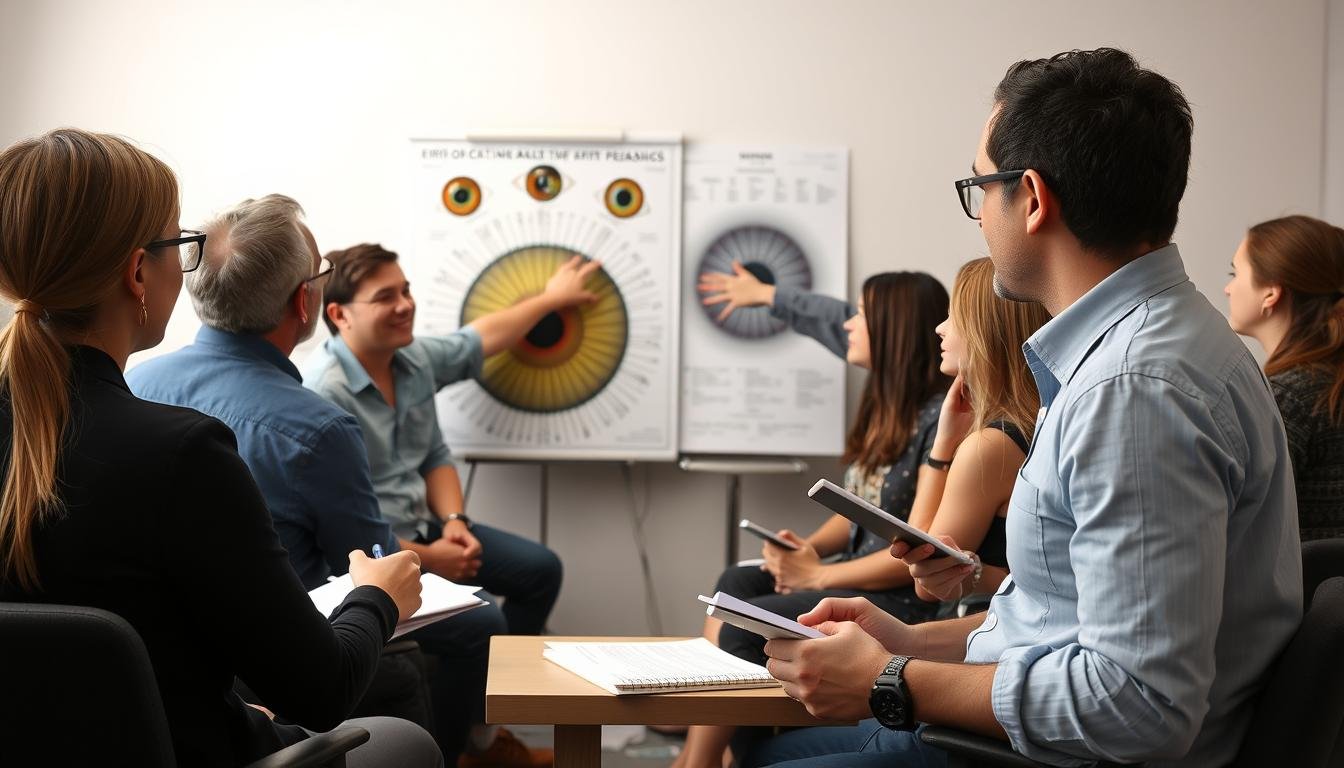 Grupo de personas en un taller educativo sobre lectura del iris