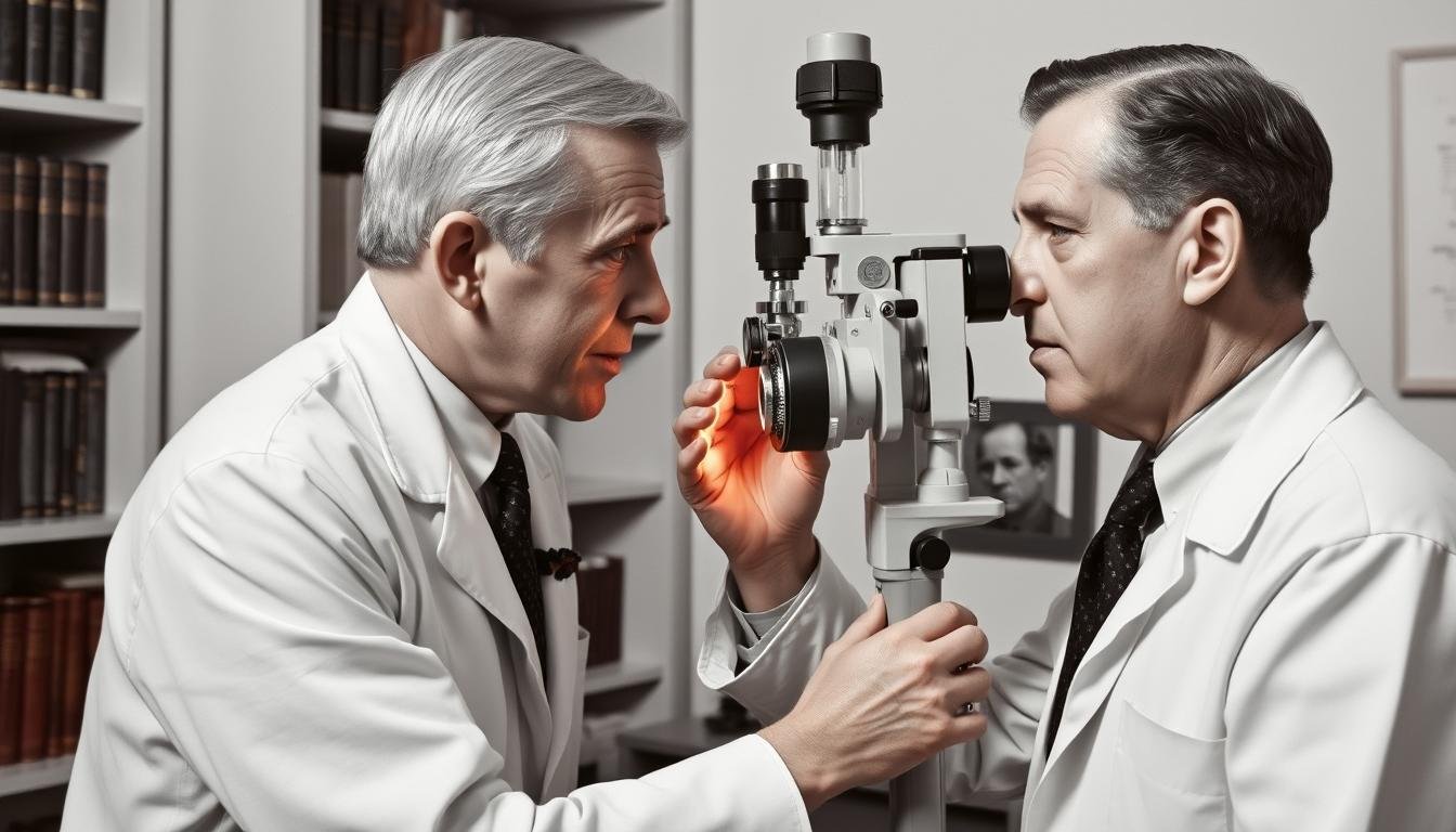 Historia de la iridología: Bernard Jensen examinando el iris de un paciente