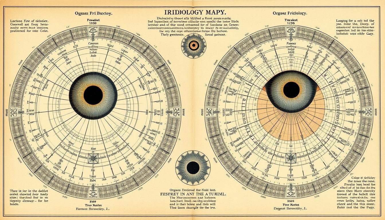 Historia del mapa de iridología mostrando los primeros diagramas desarrollados por Ignatz von Peczely