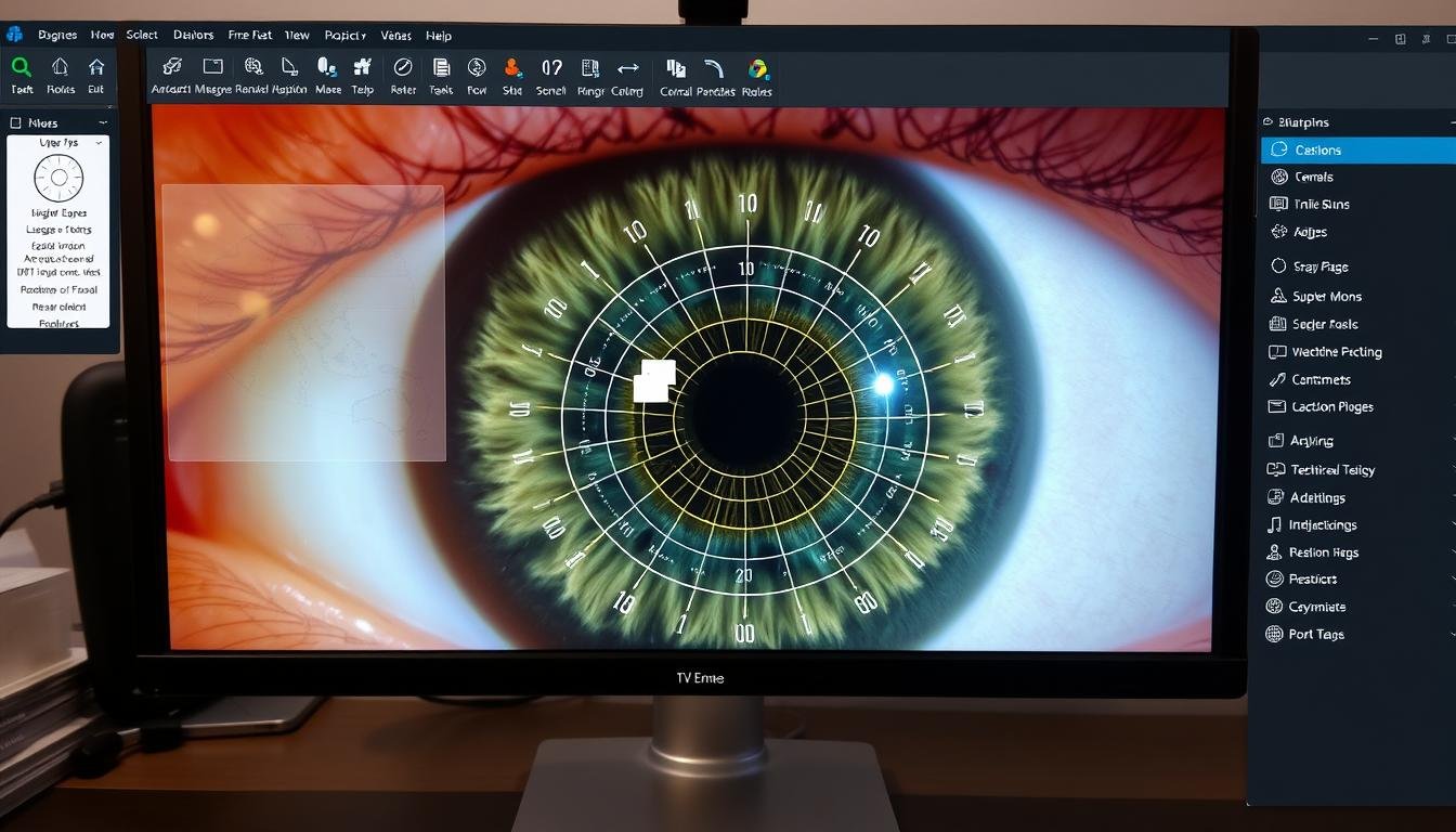 Interfaz de software de análisis de iridología mostrando un iris con zonas mapeadas Interfaz de software de análisis de iridología mostrando un iris con zonas mapeadas