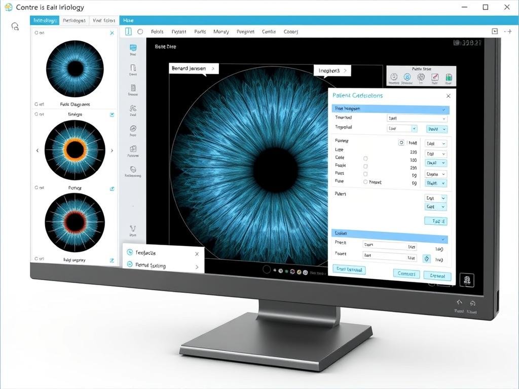 Interfaz del software de iridología AIGAL mostrando análisis de iris