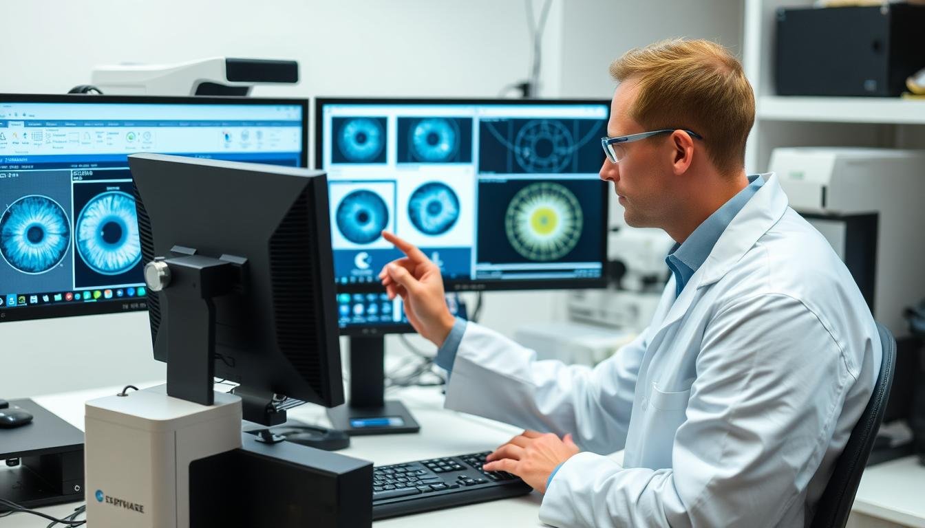 Investigador analizando patrones del iris con software especializado para un estudio científico sobre lectura del iris