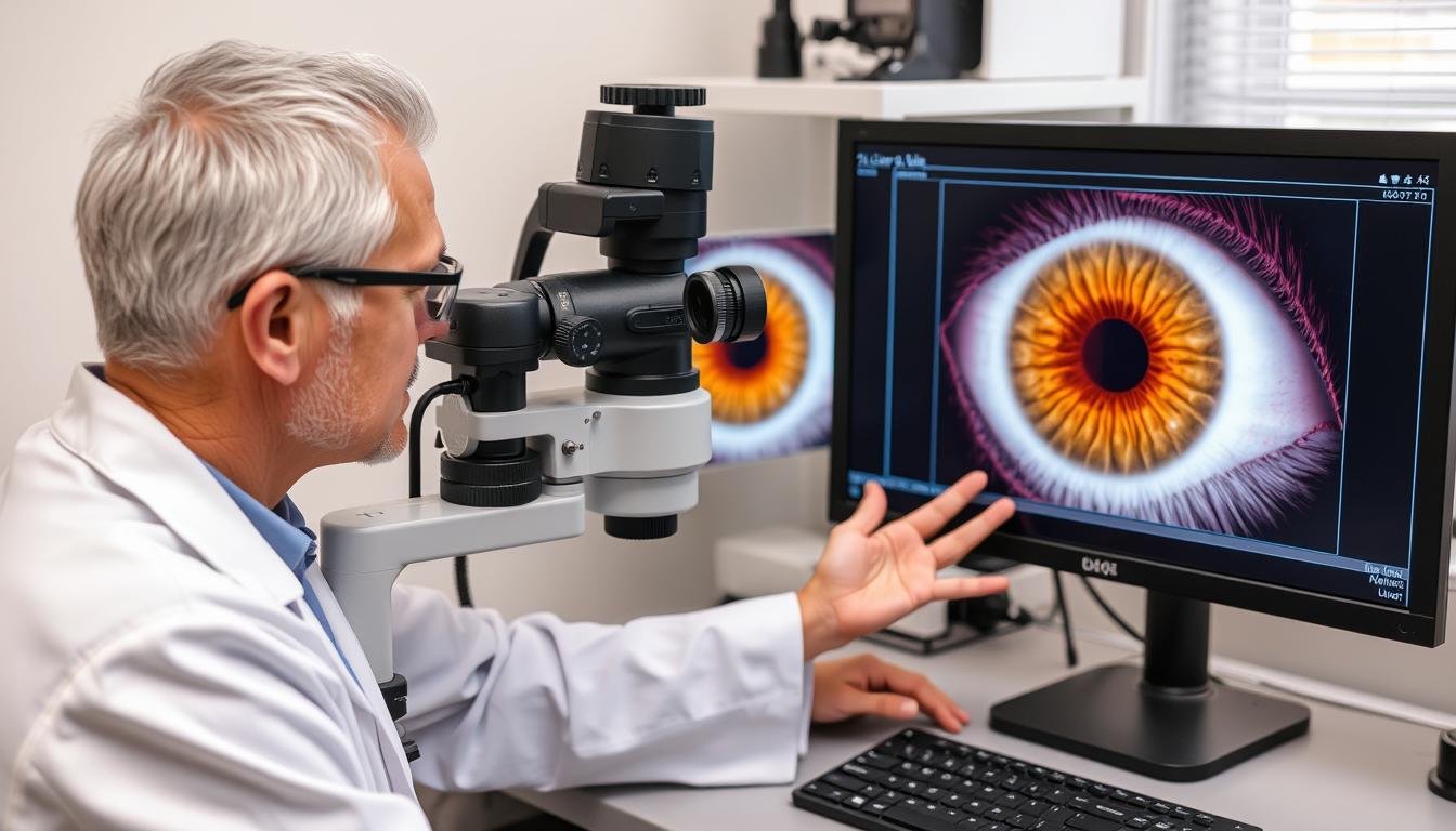 Investigador analizando patrones del iris relacionados con el hígado