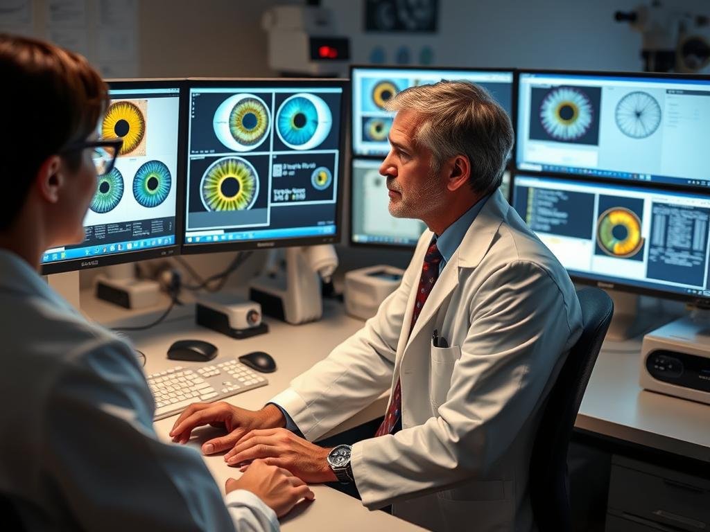Investigador analizando resultados de un estudio con aparato de iridología
