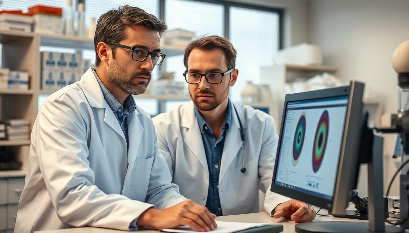 Investigador científico analizando estudios sobre iridología en un laboratorio