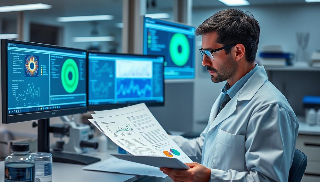 Investigador científico analizando estudios sobre iridología y estrés