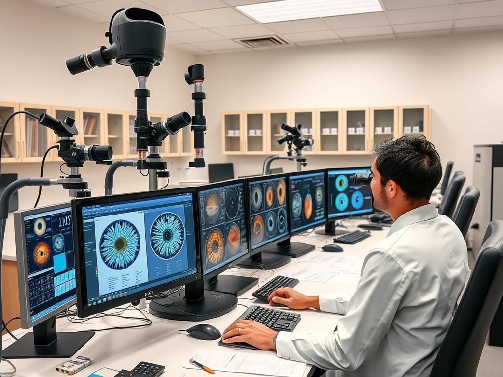 Investigadores universitarios utilizando cámaras de iridología en estudio longitudinal