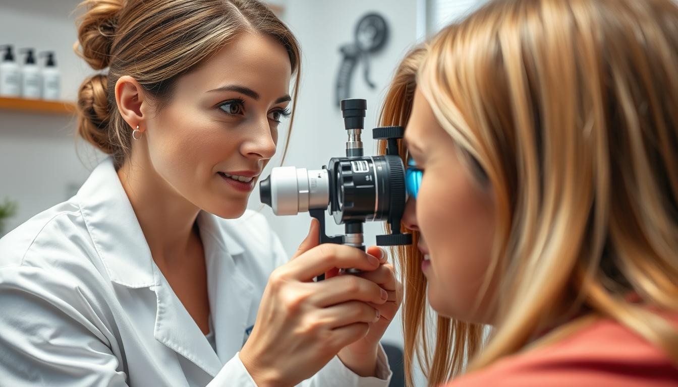 Iridologa examinando el iris de un paciente con una lupa especializada
