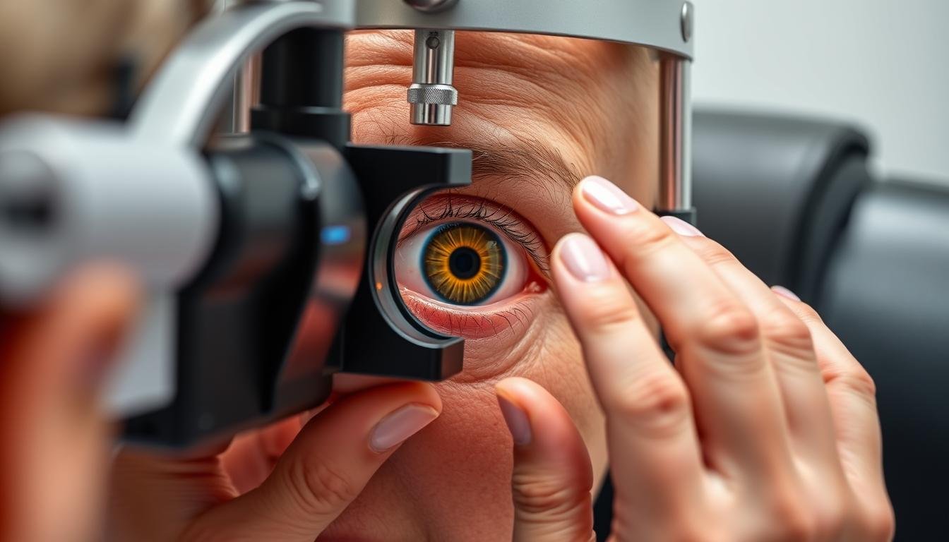 Iridologa realizando un análisis detallado del iris utilizando un iriscopio moderno