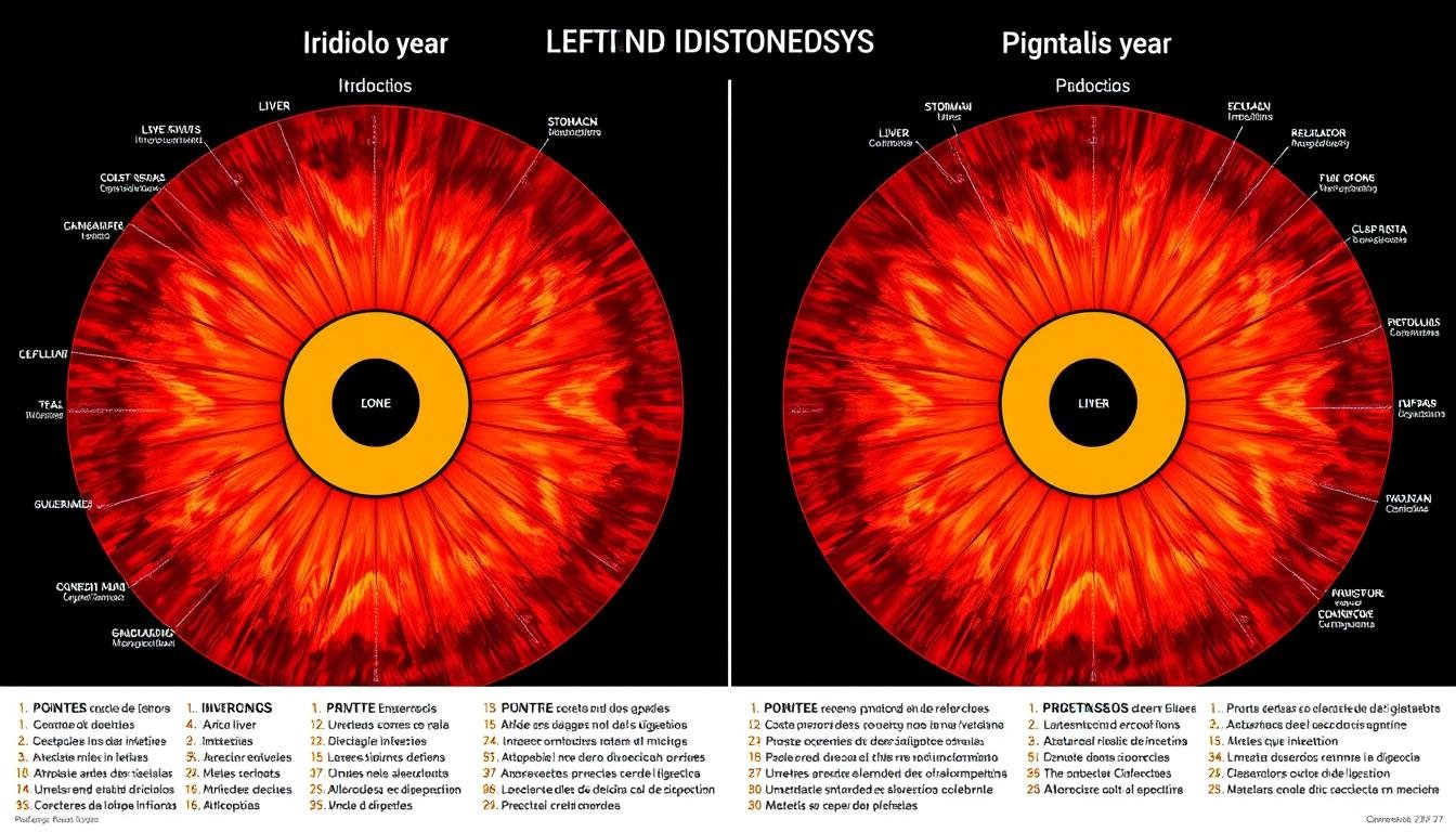 Iridología mapa completo con todas las zonas digestivas etiquetadas