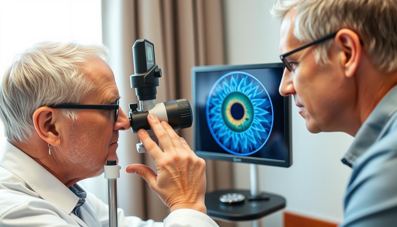 Iridólogo analizando el iris de un paciente con problemas cardíacos