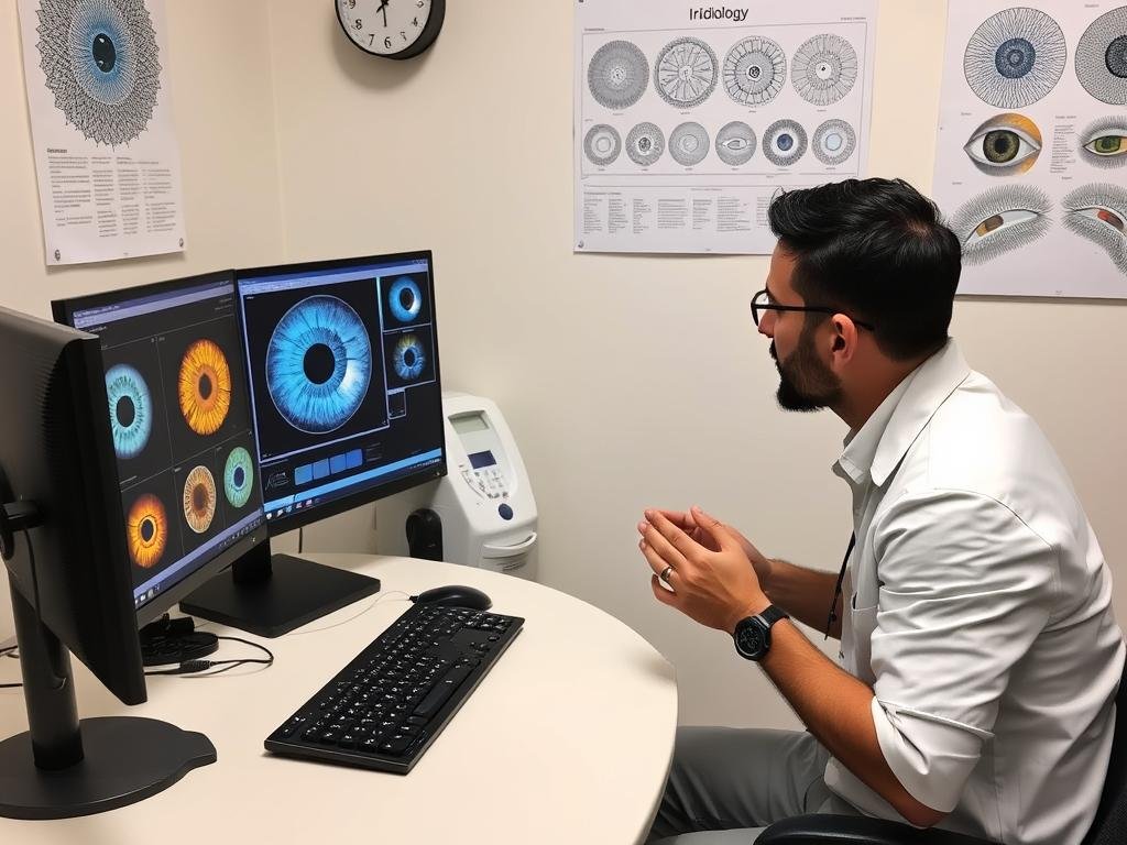 Iridólogo analizando fotografías del iris de un paciente en su consultorio