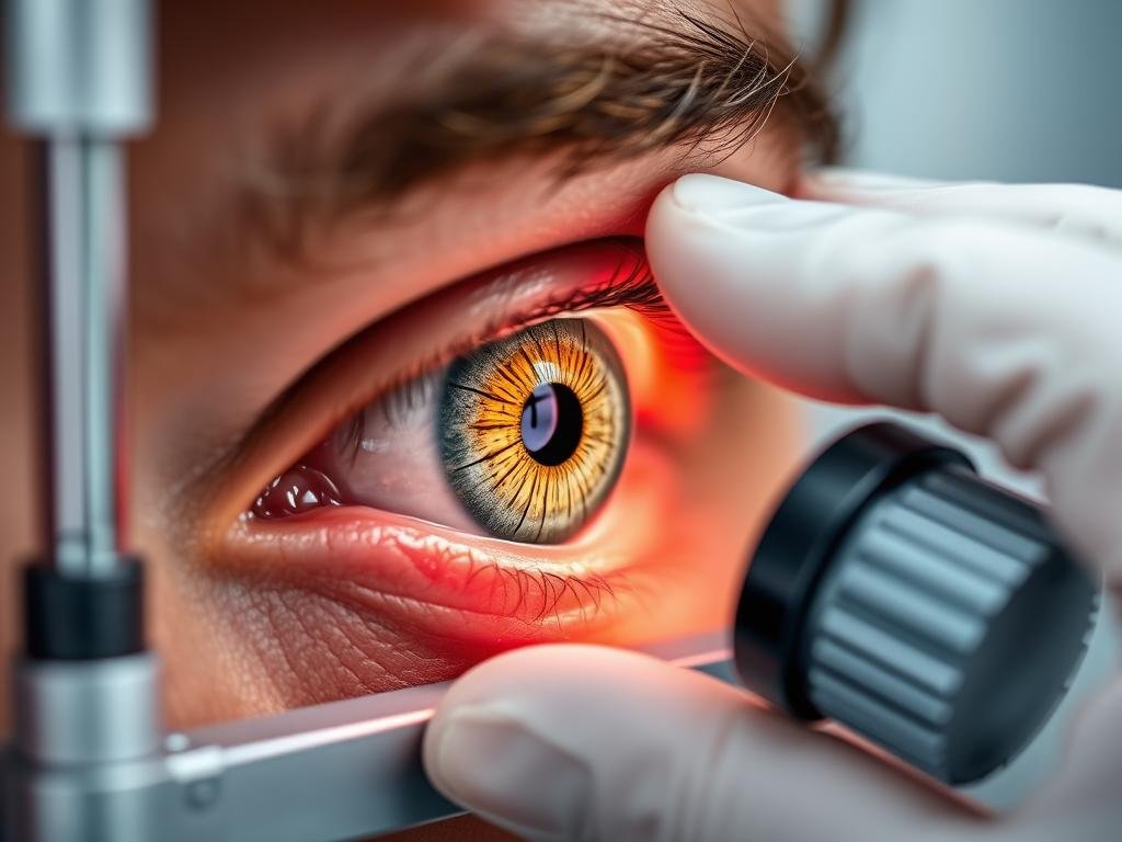 Iridólogo analizando signos específicos en el iris de un paciente