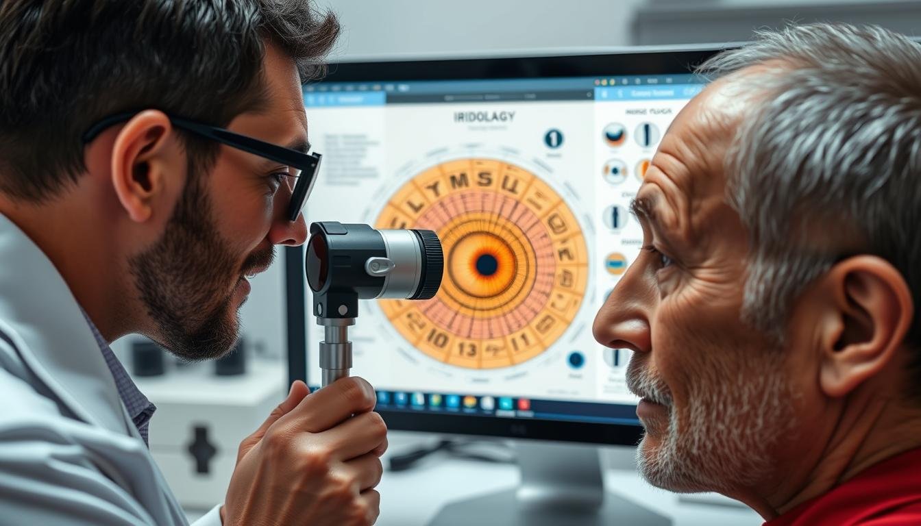 Iridólogo analizando un iris con ayuda de un mapa de iridología especializado