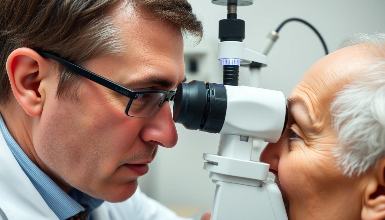 Iridólogo analizando un iris con herramientas especializadas