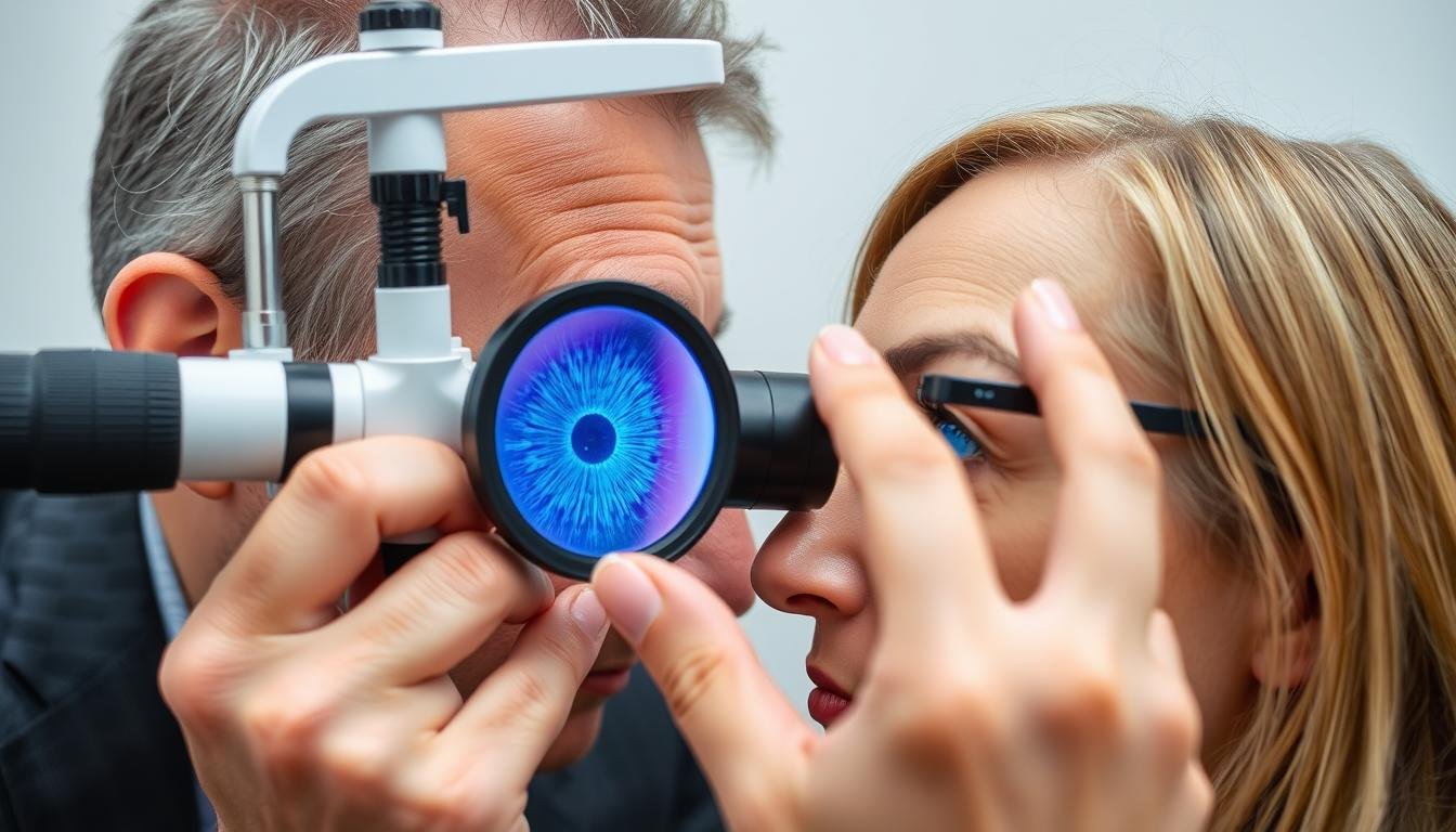 Iridólogo analizando un iris con lupa para identificar signos en el Iridología mapa