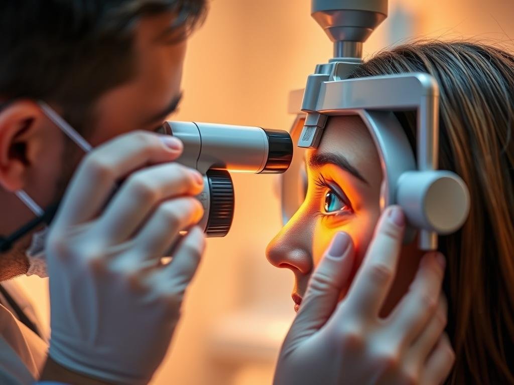 Iridologo che esamina l'occhio di un paziente con un iriscopio professionale