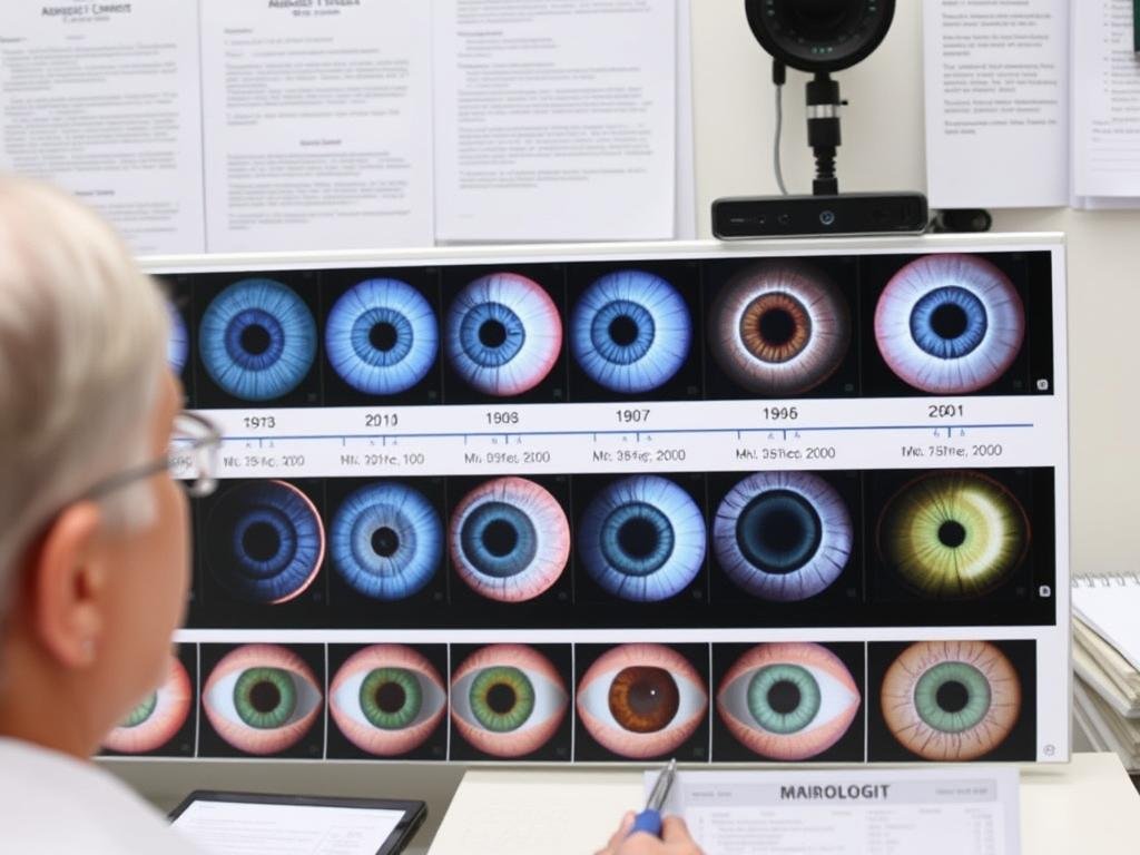 Iridólogo documentando cambios en el iris de un paciente a lo largo del tiempo