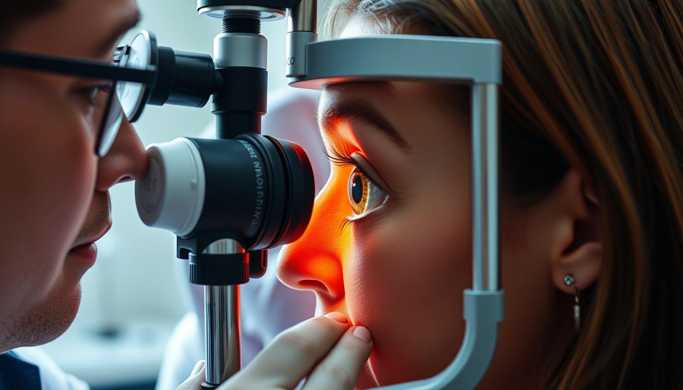 Iridólogo examinando el iris de un paciente con equipo especializado