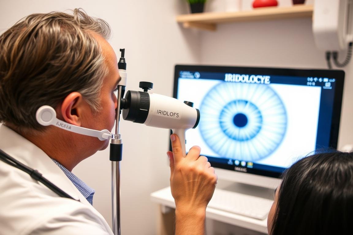 Iridólogo examinando el iris de un paciente con un iriscopio moderno