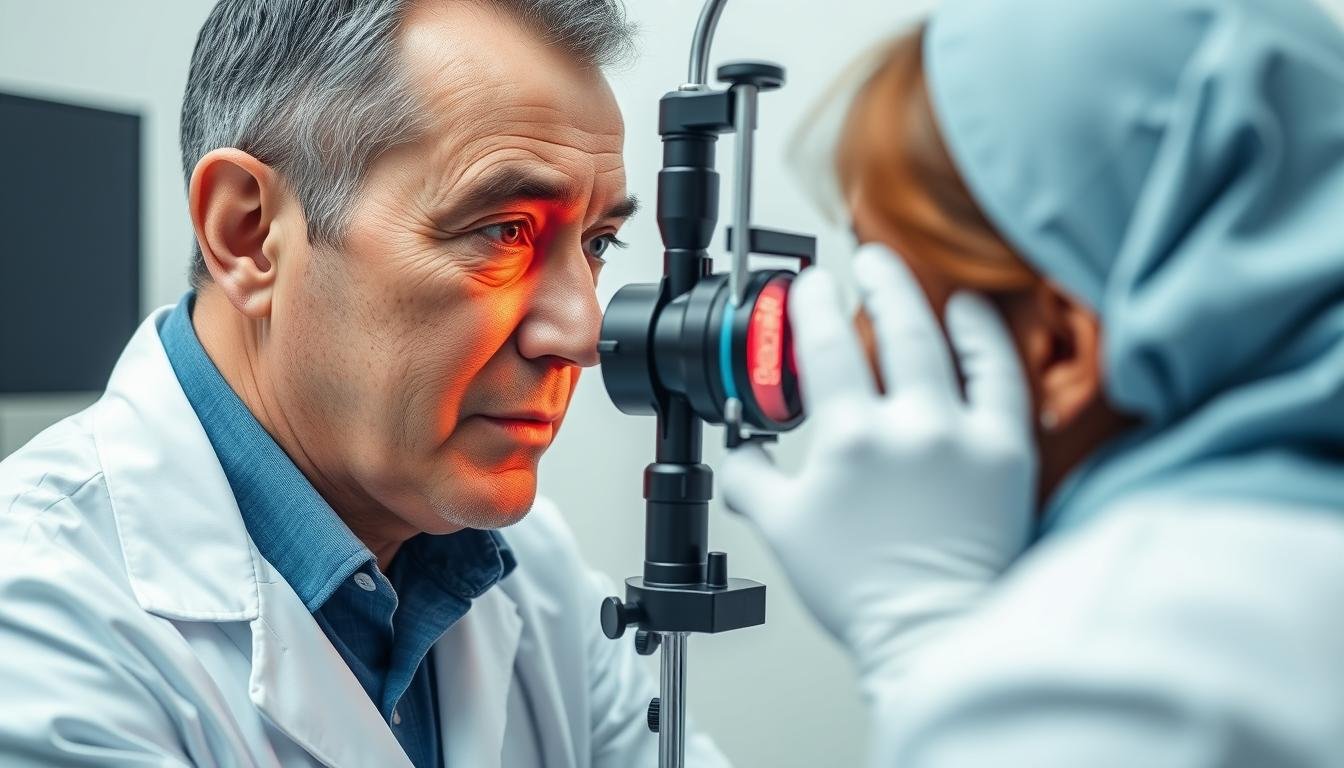 Iridólogo examinando el iris de un paciente con un iriscopio