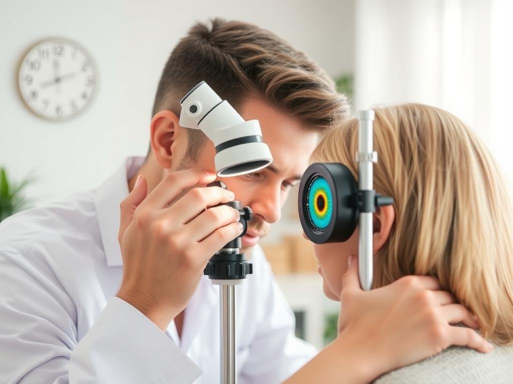 Iridólogo examinando el iris de un paciente con una lámpara especial Iridólogo examinando el iris de un paciente con una lámpara especial
