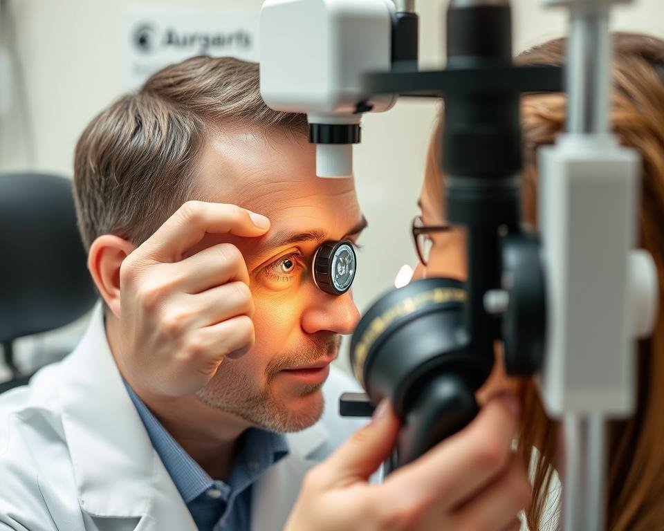 Iridólogo examinando el iris de un paciente con una lámpara especial
