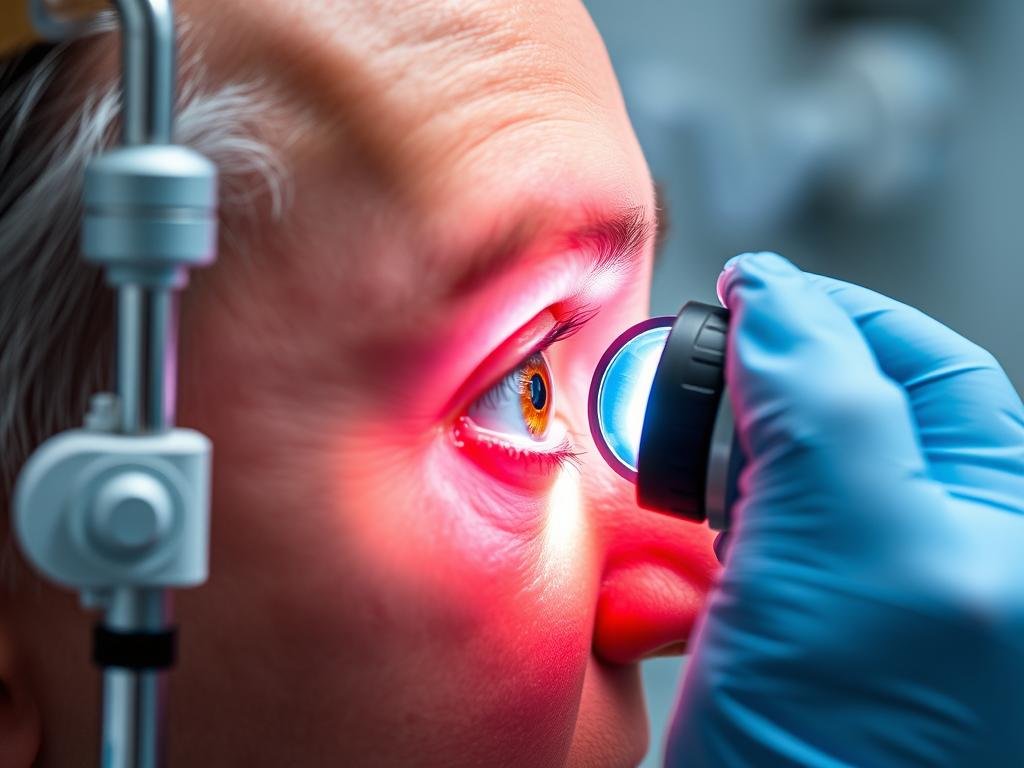 Iridólogo examinando el iris de un paciente con una lupa especial