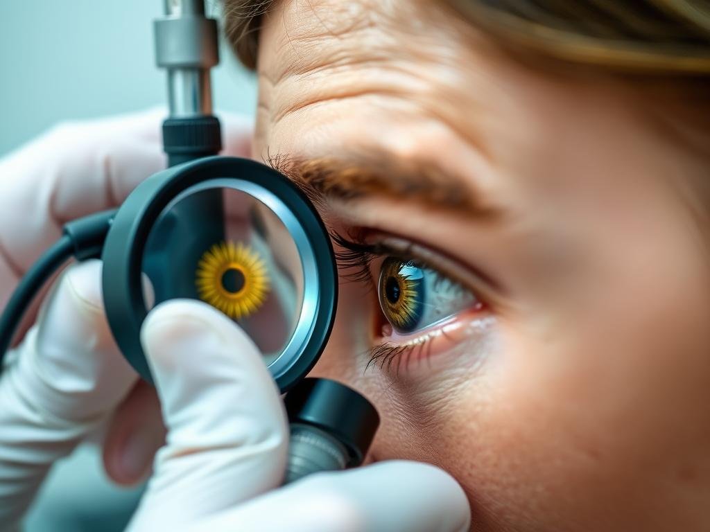 Iridólogo examinando el iris de un paciente con una lupa especializada