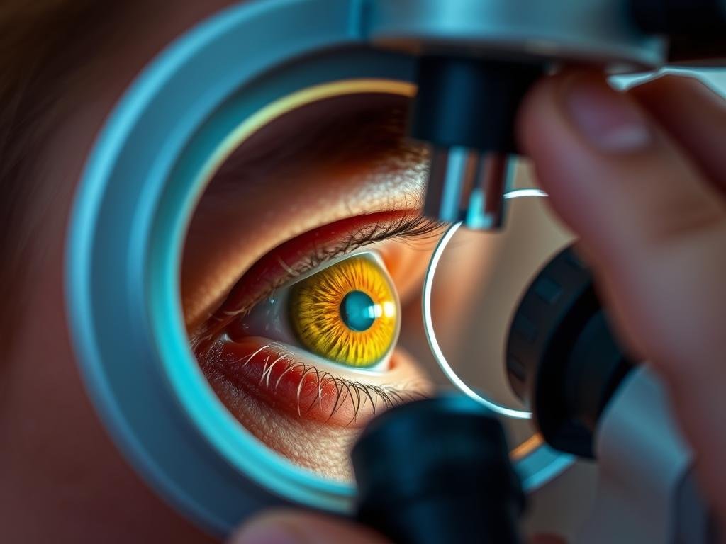 Iridólogo examinando el iris de un paciente con una lupa especializada