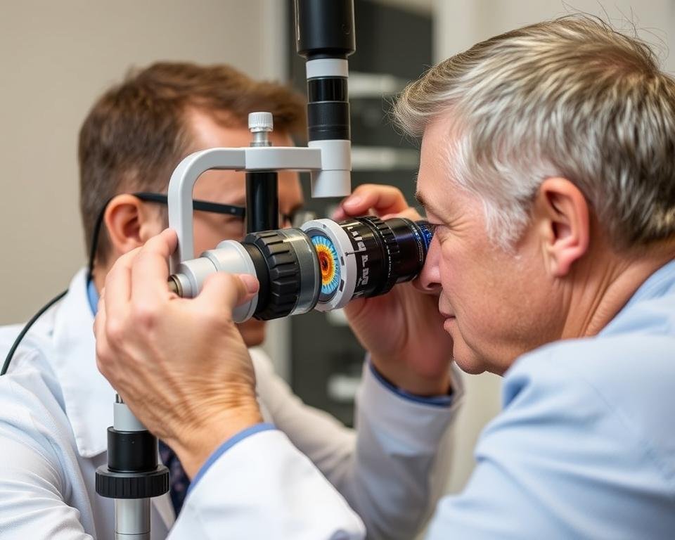 Iridólogo examinando un iris para detectar signos de estrés