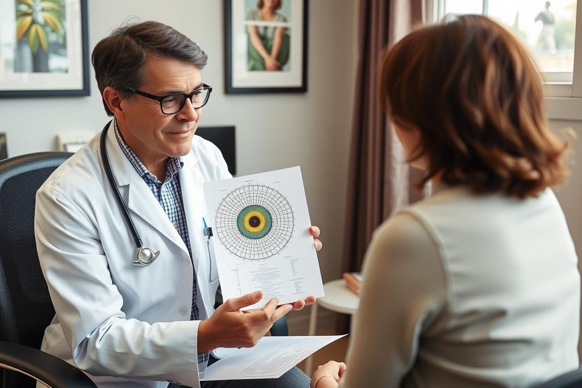 Iridólogo explicando un mapa del iris a un paciente durante una consulta