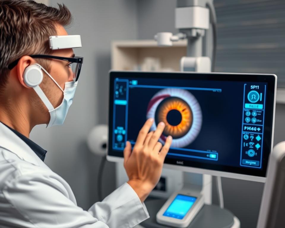 Iridólogo moderno utilizando tecnología digital para analizar el iris de un paciente