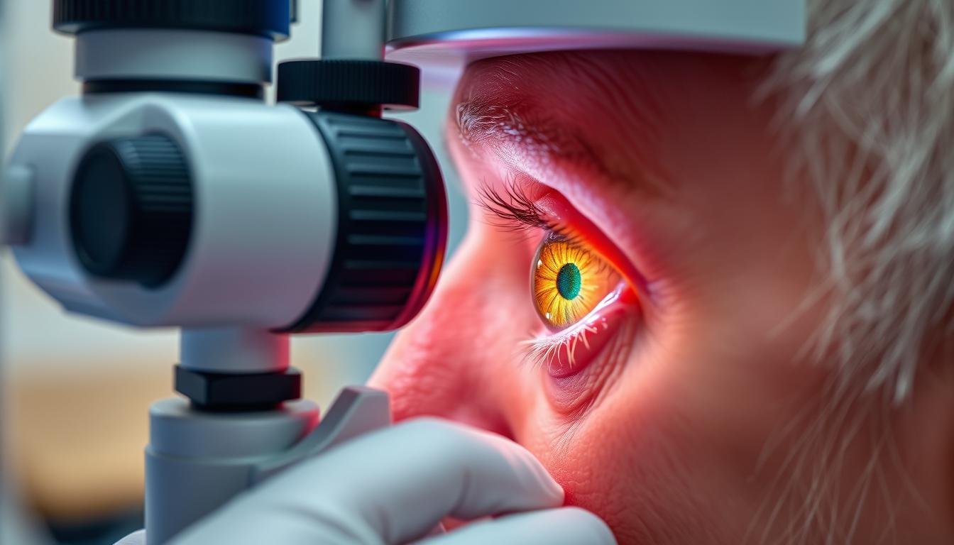 Iridólogo profesional analizando patrones en el iris de un paciente