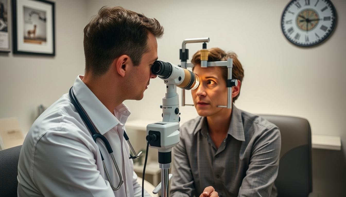 Iridólogo profesional examinando el iris de un paciente con equipo especializado para lectura del iris
