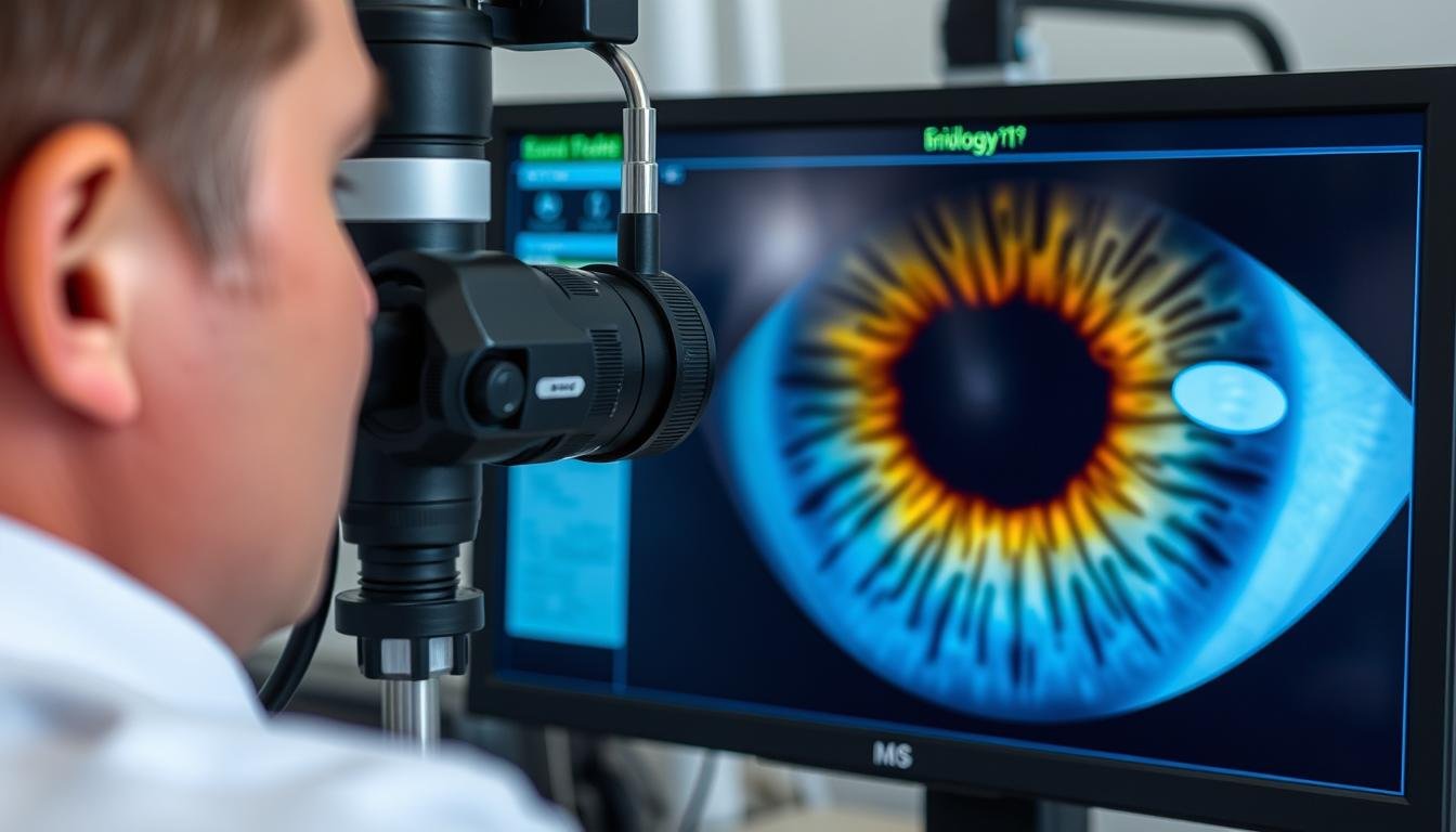 Iridólogo realizando un diagnóstico mediante el análisis del iris con equipo especializado