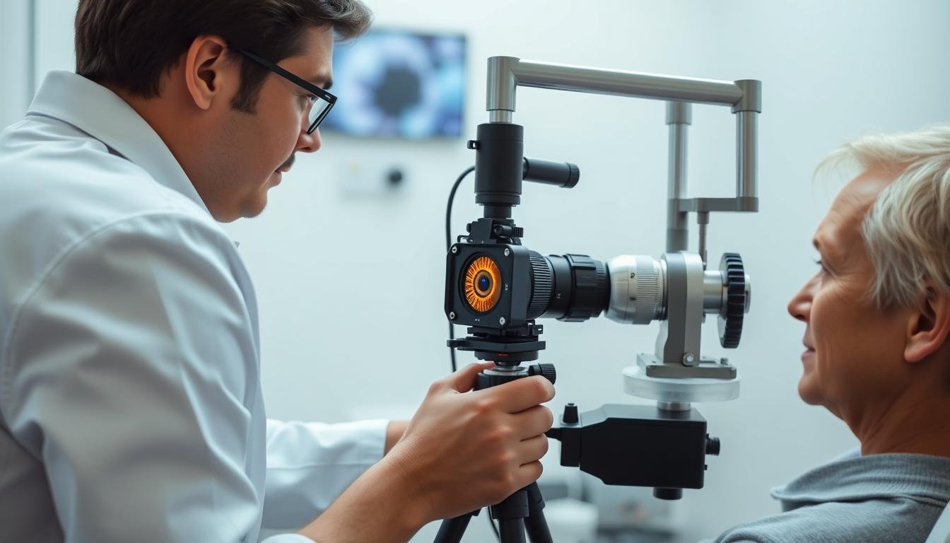 Iridólogo realizando una consulta completa, tomando fotografías del iris del paciente