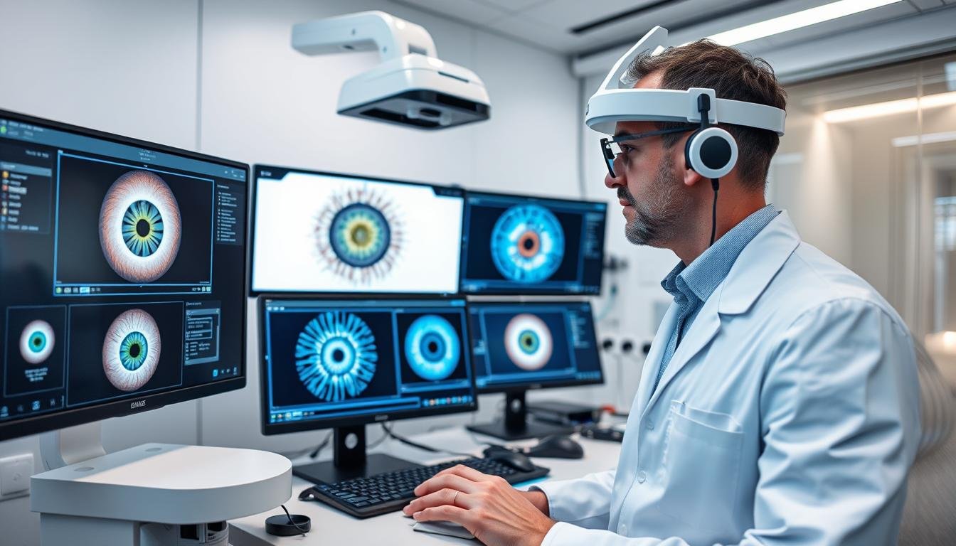 Iridólogo utilizando tecnología avanzada para el análisis digital del iris