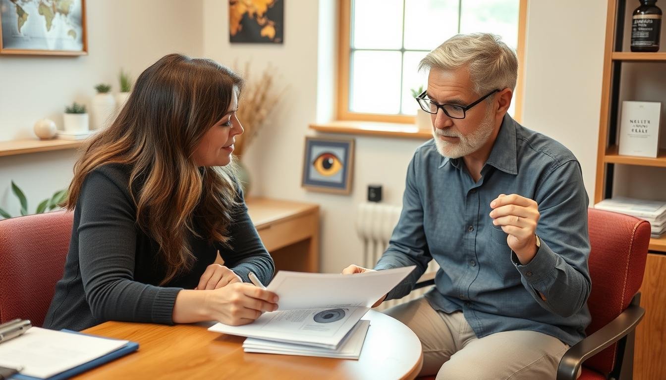 Iridólogo y paciente revisando juntos un plan de salud personalizado basado en el análisis del iris