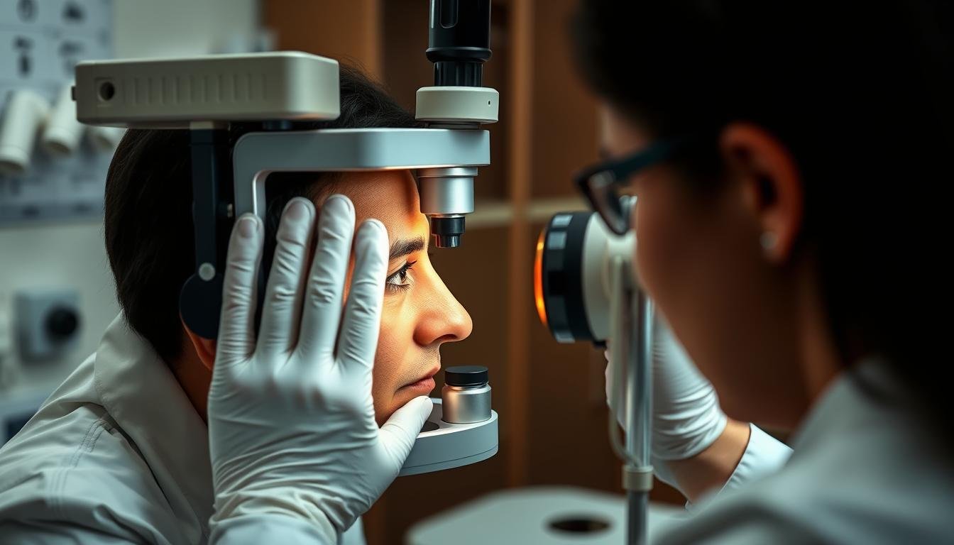 Iriologo certificado examinando el iris de un paciente con equipo especializado