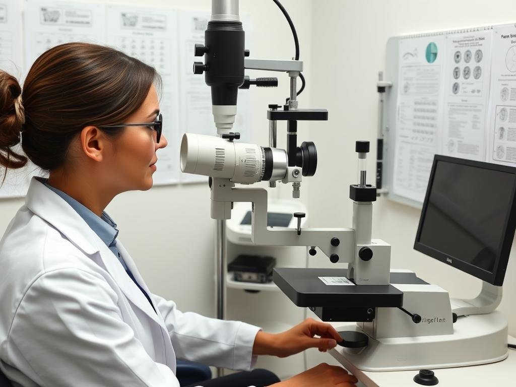 Iriologo clínico utilizando equipamiento especializado para diagnóstico preciso